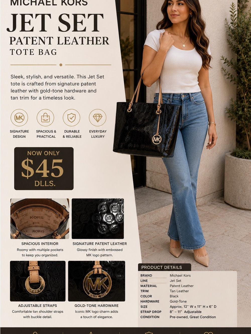 Michael Kors Black Patent Leather Tote with Tan Trim